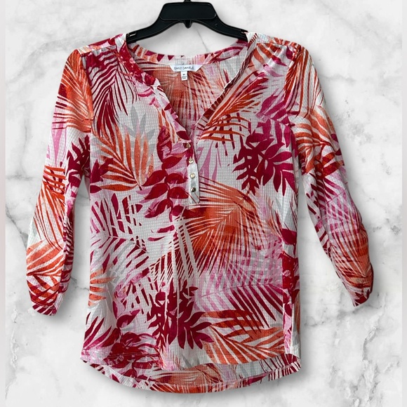 Emily Daniels 3/4 Ruched Sleeve V Neck Palm Leaf Red Orange Pink Blouse Size M - Picture 2 of 10